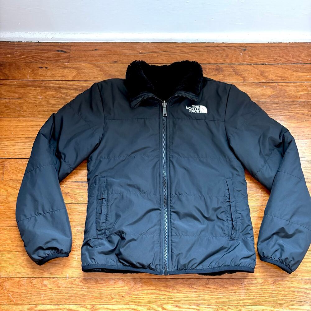 Girls The North Face Reversible Black Puffer Fleece Jacket Medium
